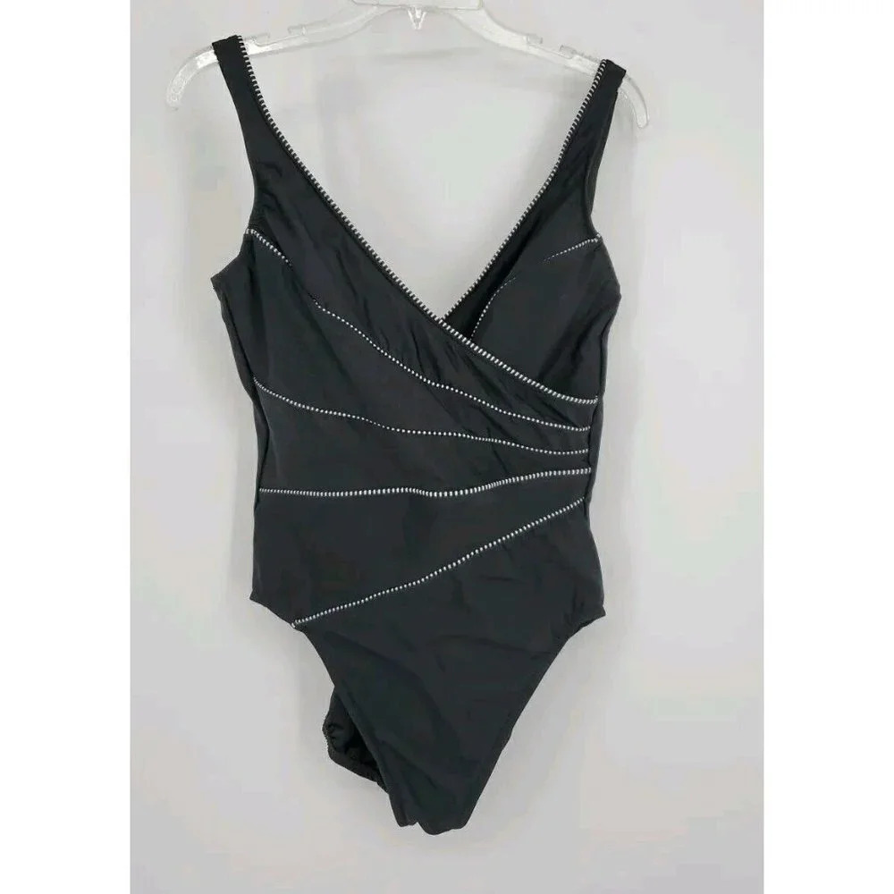 MIRACLESUIT One Piece Swimsuit Criss Cross Front Sz 16 Black w/ Black White Trim